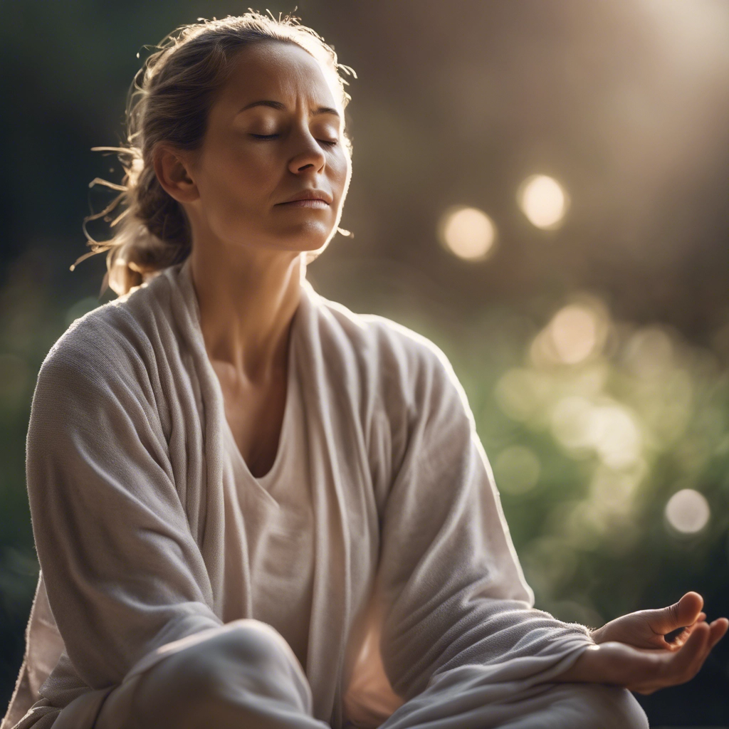 Picture of woman meditating peacefully: "Dedicated self-care supports your emotional health so you can heal." Image attribution-Elementor AI 2023