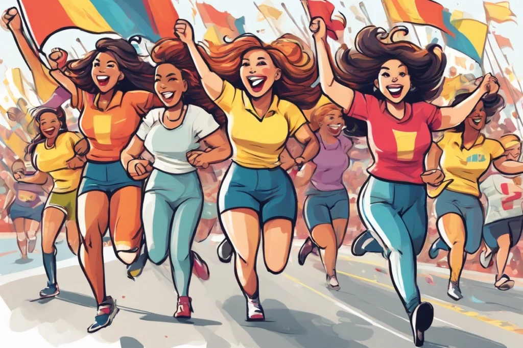 A fun and lively cartoon of women racing, supporting and cheering each other on. The women should have diverse body shapes and ethnicities. Add exciting background elements like colorful flags and cheering spectators. The cartoon style can be playful, with bold outlines and vibrant colors to bring a sense of enthusiasm and energy to the scene. Elementor AI 2024