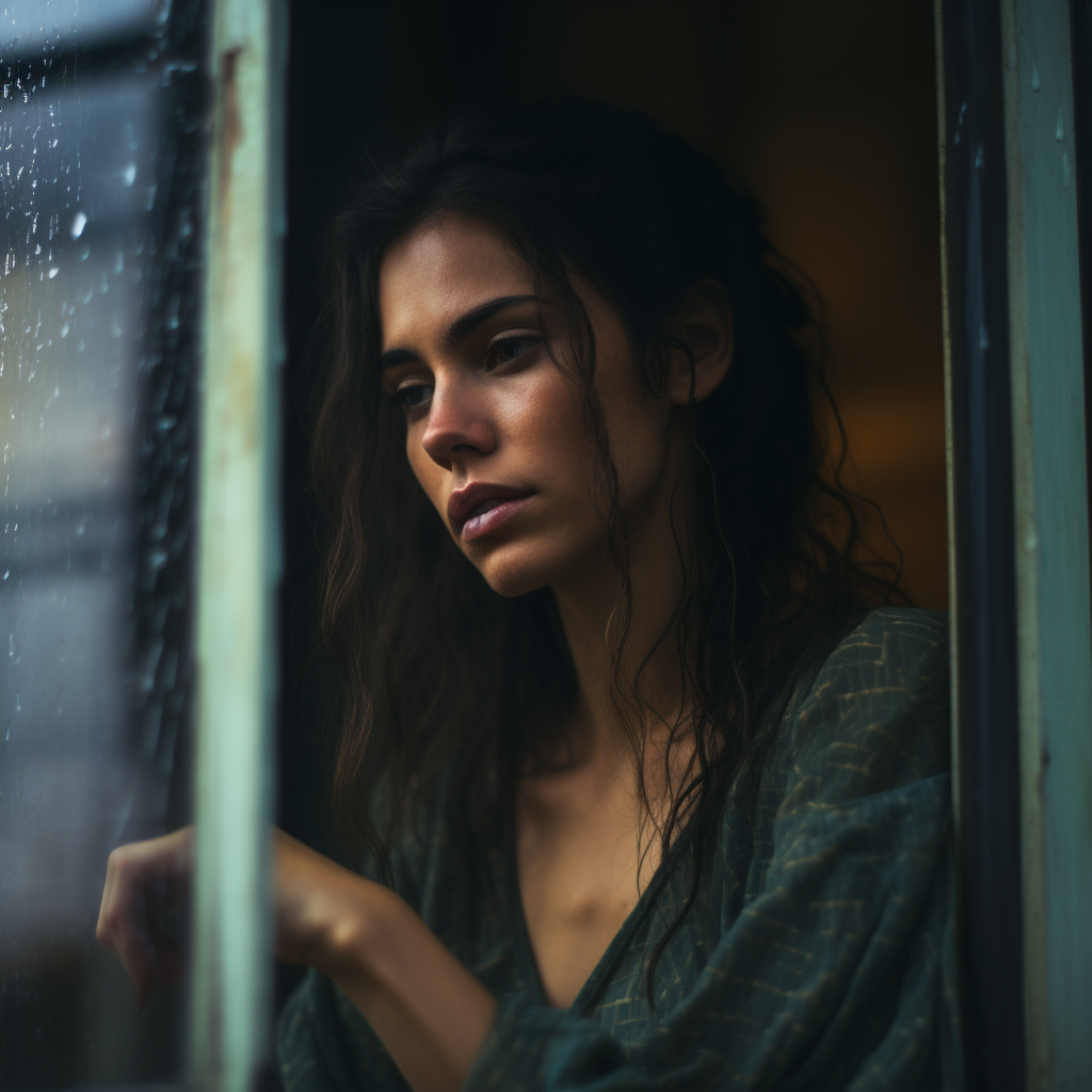 Woman_staring_pensively_out_a_rain-streaked_window Midjourney Dec 2023