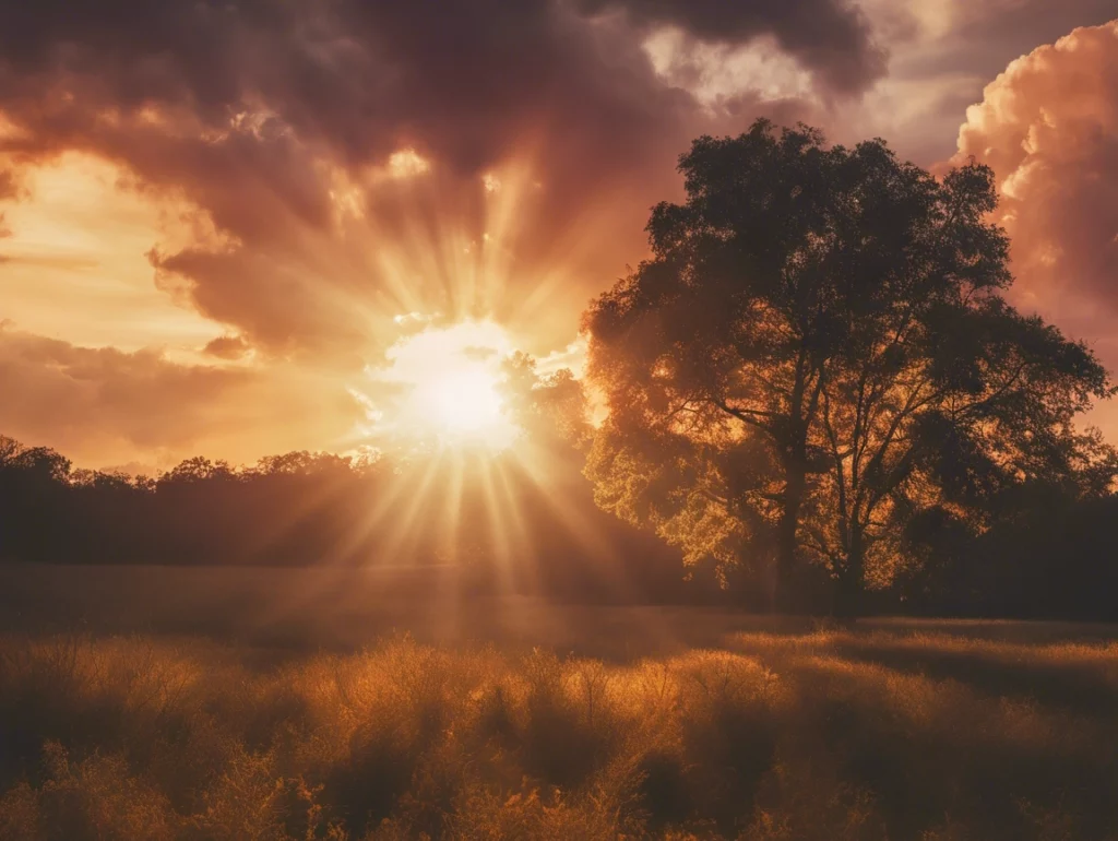 Image of sunlight streaming through the clouds during sunrise or sunset. It should show a beautiful and vibrant sky, with warm tones of oranges, pinks, and yellows. The sun rays can be shining directly through a break in the clouds, illuminating trees or a landscape below. The image should evoke a sense of hope, inspiration, and natural beauty. Elementor AI 2023