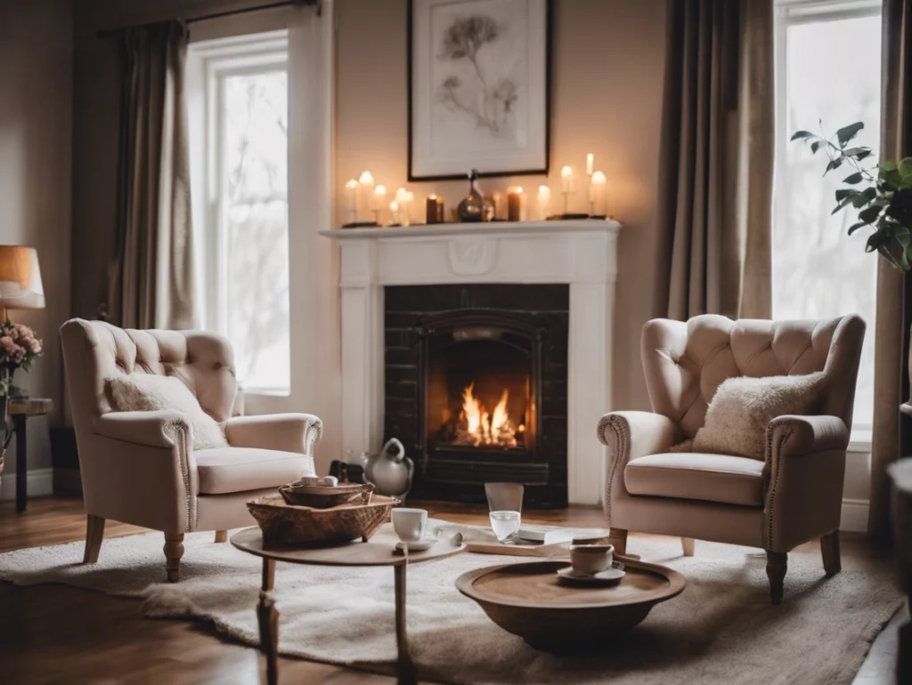 A comforting fireside scene with 2 inviting chairs.