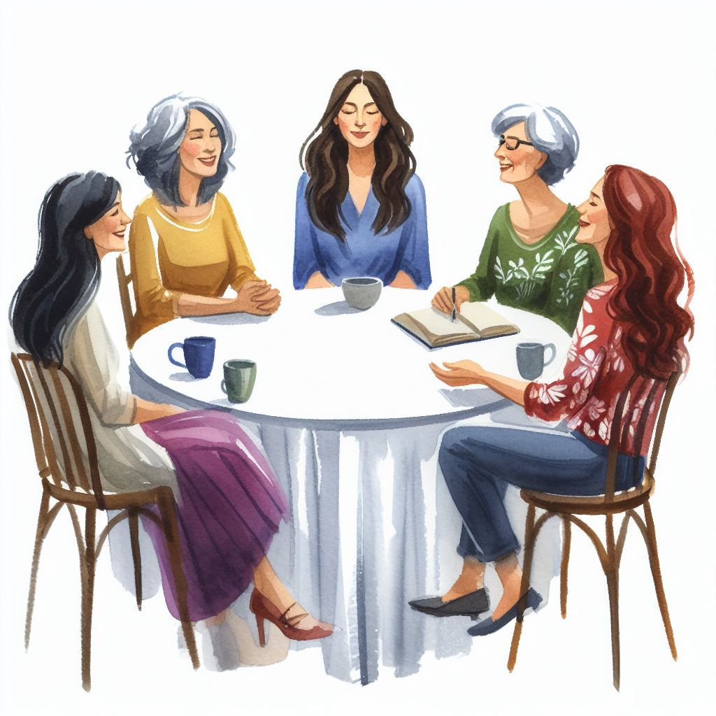 Watercolor picture of six women at a round table dalle3 10 March 2024